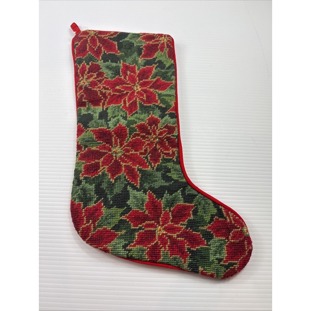 Imperial Elegance Poinsettias Needlepoint Hanging Christmas Stocking 1991